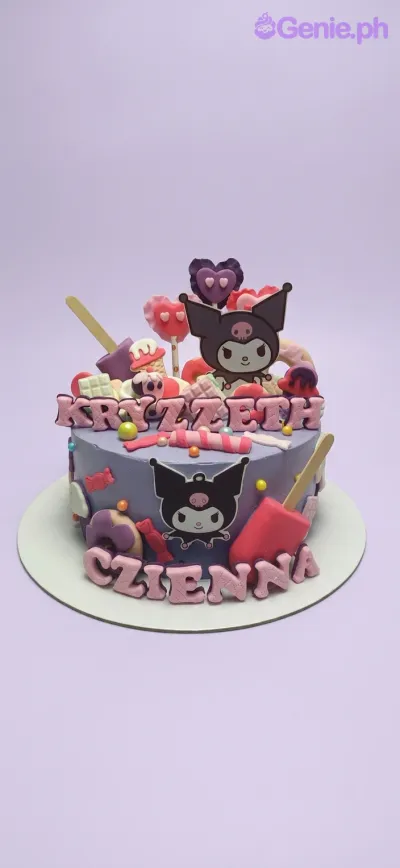 A lavender and pink 1 Tier cake themed around Kuromi, featuring Kuromi character printouts, gumpaste letters, and edible accents. A lavender and pink 1 Tier cake themed around Kuromi, featuring Kuromi character printouts, gumpaste letters, and edible accents.
