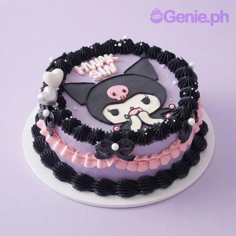 Lavender 1-tier cake with soft icing, Kuromi character plaque, and piped black rosettes Lavender 1-tier cake with soft icing, Kuromi character plaque, and piped black rosettes