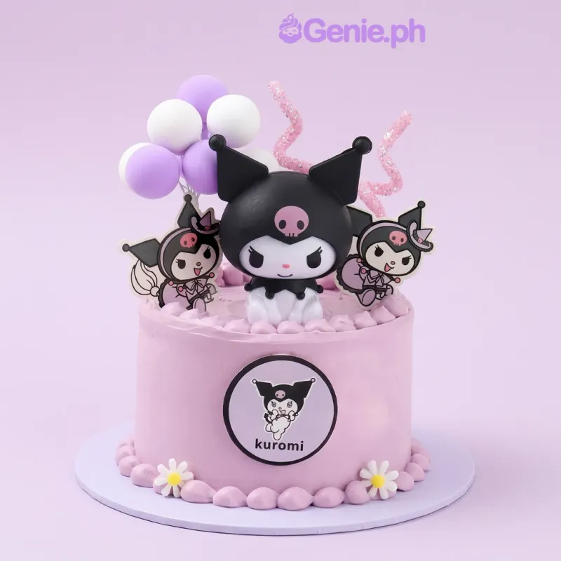 One tier light pink cake with a Kuromi figurine, Kuromi printouts, fondant balloons, curly decorations, and white daisy flowers One tier light pink cake with a Kuromi figurine, Kuromi printouts, fondant balloons, curly decorations, and white daisy flowers