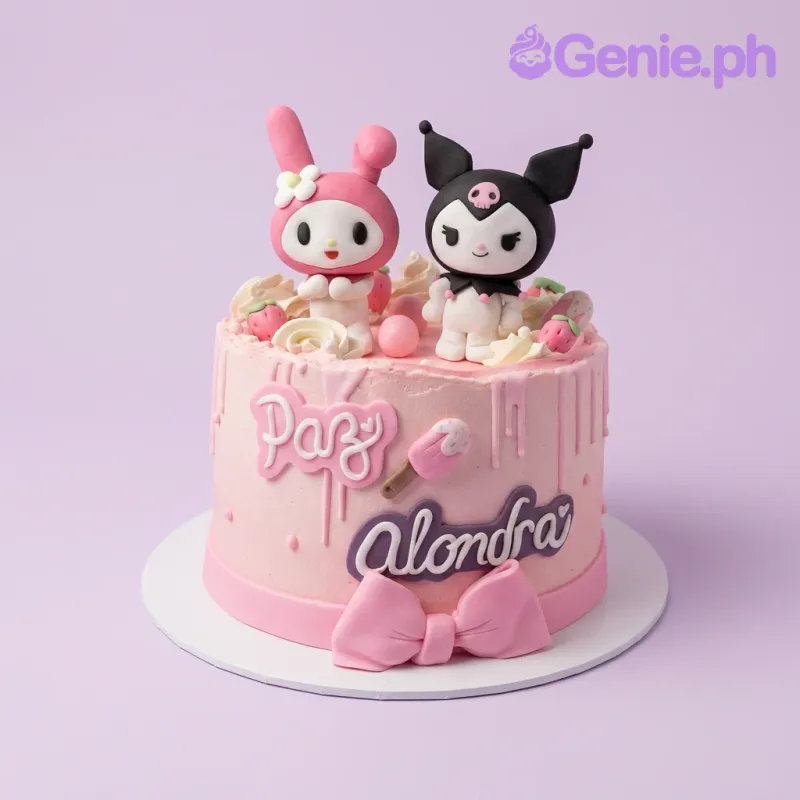 A pink 1-tier cake themed around Kuromi and My Melody, featuring fondant characters, pink icing drips, and a large pink bow. A pink 1-tier cake themed around Kuromi and My Melody, featuring fondant characters, pink icing drips, and a large pink bow.