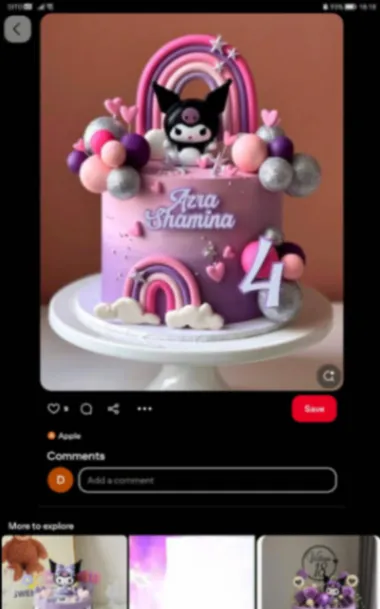 Purple 1-tier cake with soft icing, a Kuromi character figure, a molded rainbow arch, and silver decorative spheres Purple 1-tier cake with soft icing, a Kuromi character figure, a molded rainbow arch, and silver decorative spheres