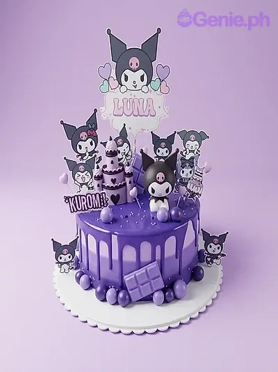 Kuromi purple 1 Tier - purple theme with printout of Kuromi character with 'LUNA' text and printout of Kuromi character Kuromi purple 1 Tier - purple theme with printout of Kuromi character with 'LUNA' text and printout of Kuromi character