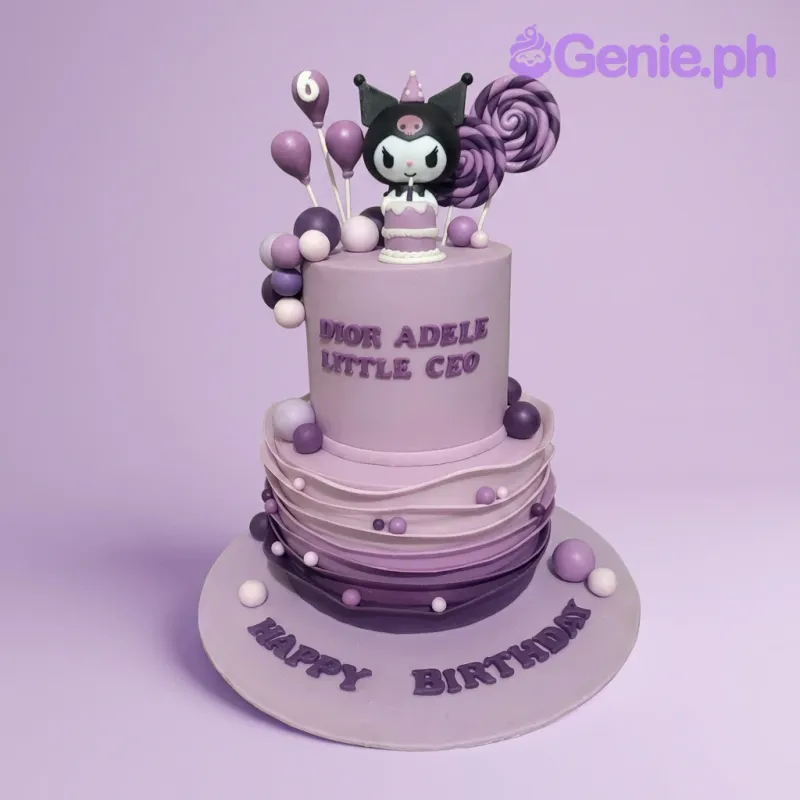 A purple and lavender two-tier fondant cake themed around Kuromi, featuring a Kuromi figure, ombre ruffles, fondant balloons, and swirl lollipops. A purple and lavender two-tier fondant cake themed around Kuromi, featuring a Kuromi figure, ombre ruffles, fondant balloons, and swirl lollipops.