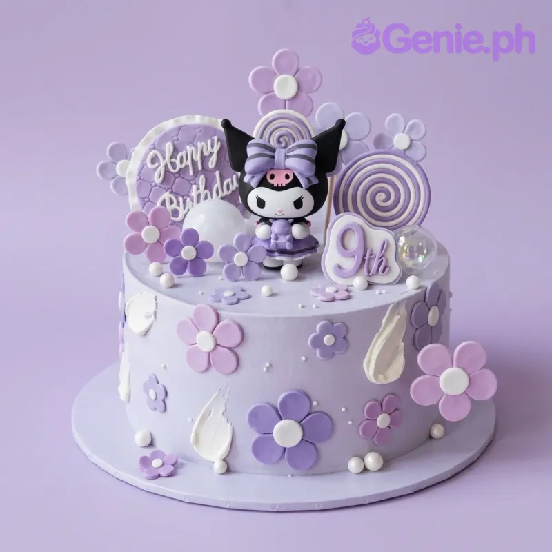 A purple and white 1-tier cake themed around Kuromi Sanrio, featuring a Kuromi figurine, fondant flowers, and swirl lollipops. A purple and white 1-tier cake themed around Kuromi Sanrio, featuring a Kuromi figurine, fondant flowers, and swirl lollipops.