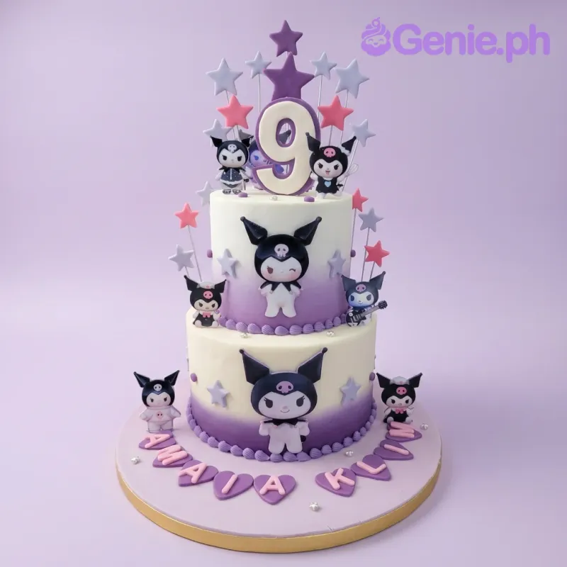 A purple and white two-tier fondant Kuromi Sanrio themed cake, featuring character printouts, a large number 9, and stars. A purple and white two-tier fondant Kuromi Sanrio themed cake, featuring character printouts, a large number 9, and stars.