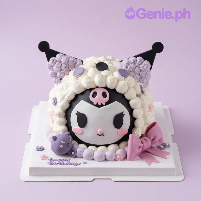 Kuromi themed 1-tier cake with white piped icing, purple accents, and a pink fondant bow Kuromi themed 1-tier cake with white piped icing, purple accents, and a pink fondant bow