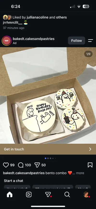 White bento cake with soft icing finish, hand-drawn black character doodle with a party hat, and age details White bento cake with soft icing finish, hand-drawn black character doodle with a party hat, and age details