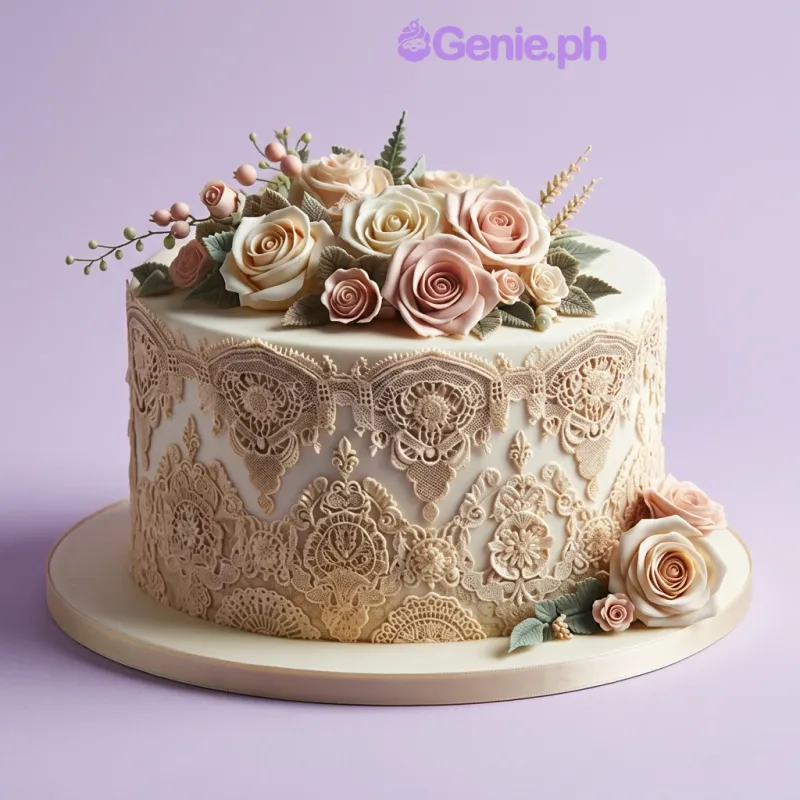 A white and peach 1 Tier Fondant cake themed around Lace Floral, featuring peach and cream roses and edible lace patterns. A white and peach 1 Tier Fondant cake themed around Lace Floral, featuring peach and cream roses and edible lace patterns.