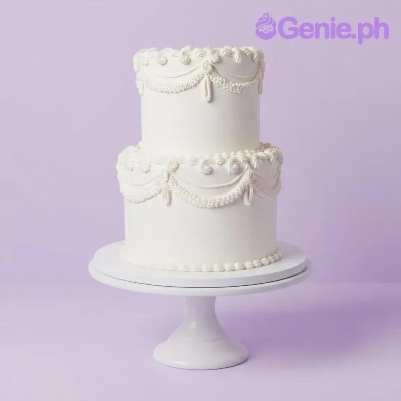 White 2-tier cake with smooth soft icing, Lambeth style piped swags, and delicate border details White 2-tier cake with smooth soft icing, Lambeth style piped swags, and delicate border details