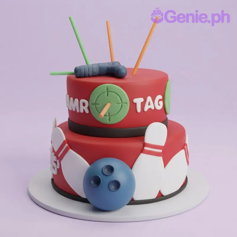 Vibrant red 2-tier fondant cake with smooth icing, Laser Tag Bowling theme, and a laser gun topper