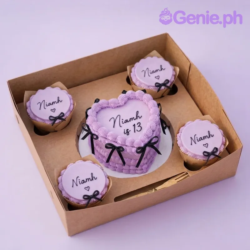 Lavender bento cupcake set with soft icing, piped shell borders, black icing script, and tiny black ribbon bows Lavender bento cupcake set with soft icing, piped shell borders, black icing script, and tiny black ribbon bows