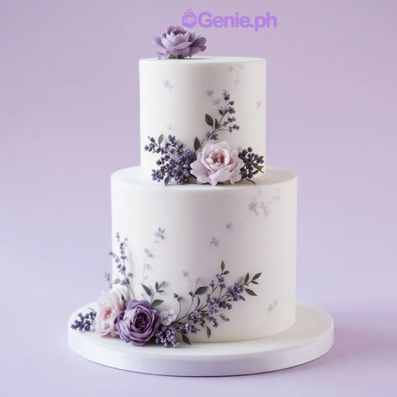 A white 2 Tier Fondant cake with a Lavender Floral theme, featuring edible purple and pink roses, lavender sprigs, and painted florals. A white 2 Tier Fondant cake with a Lavender Floral theme, featuring edible purple and pink roses, lavender sprigs, and painted florals.