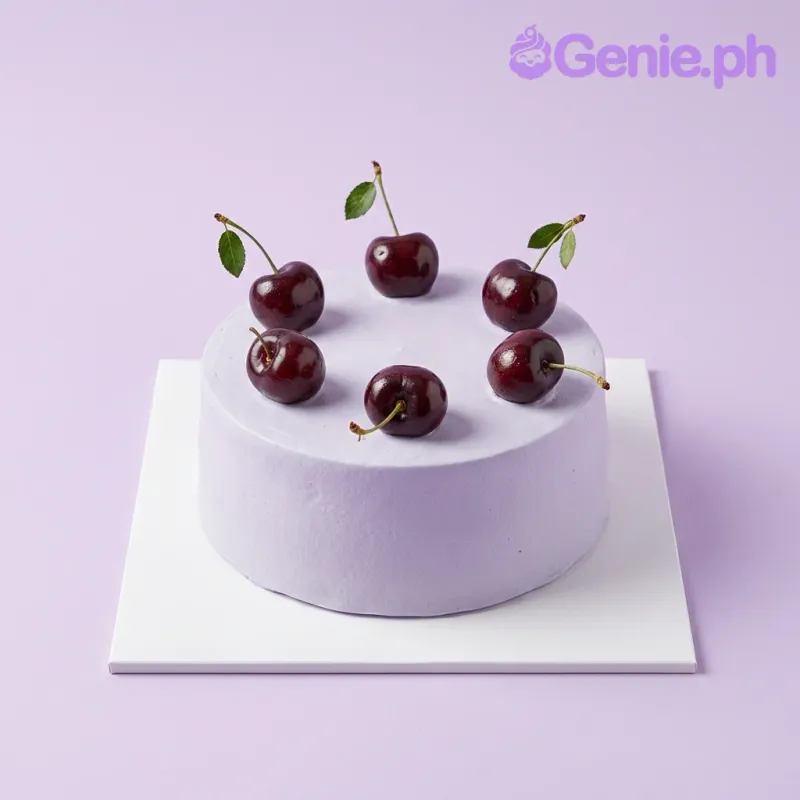 A lavender 1 Tier cake themed around Minimalism, featuring six dark red cherries arranged in a circle and a white baseboard. A lavender 1 Tier cake themed around Minimalism, featuring six dark red cherries arranged in a circle and a white baseboard.