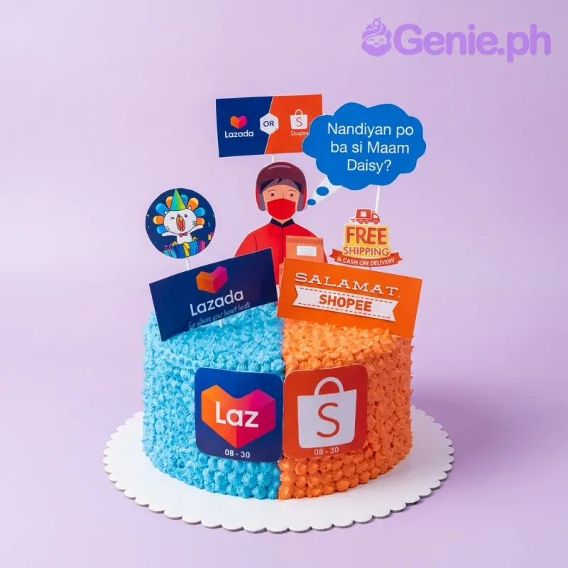 A blue and orange 1-tier cake themed around Lazada Shopee Delivery, featuring a delivery rider topper, a speech bubble, and e-commerce logos. A blue and orange 1-tier cake themed around Lazada Shopee Delivery, featuring a delivery rider topper, a speech bubble, and e-commerce logos.