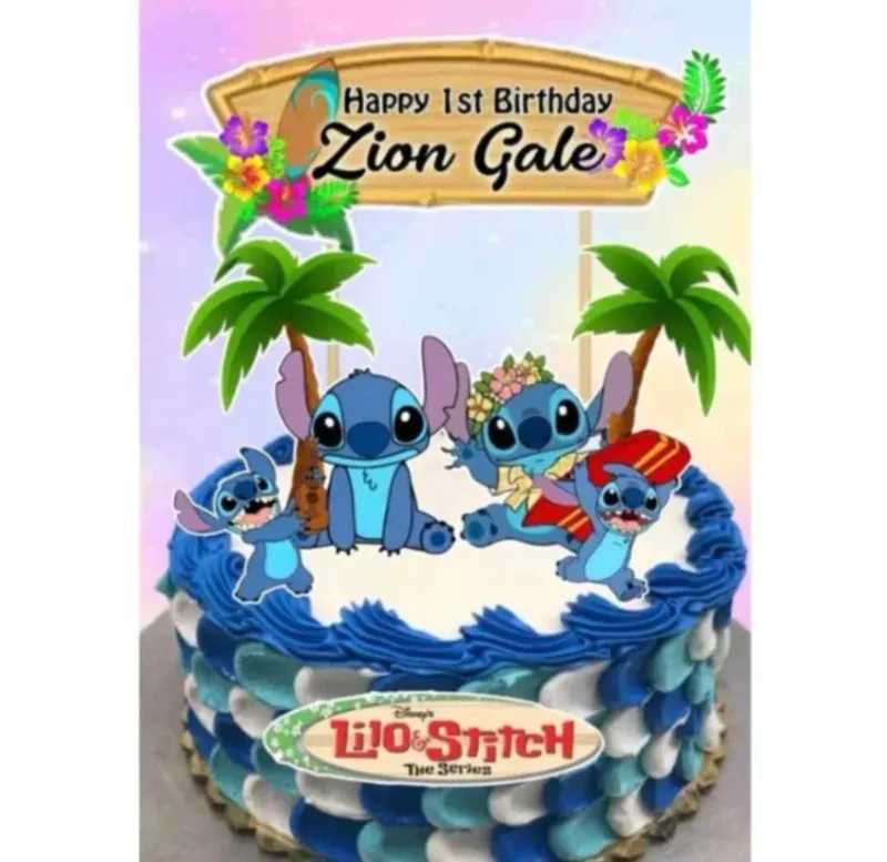 White and blue 1-tier cake with soft icing, Lilo and Stitch character printouts, palm tree cutouts, and a birthday banner topper White and blue 1-tier cake with soft icing, Lilo and Stitch character printouts, palm tree cutouts, and a birthday banner topper