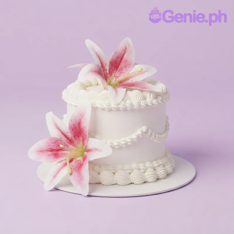 White 1-tier cake with soft icing, piped borders, and two large pink lily flowers White 1-tier cake with soft icing, piped borders, and two large pink lily flowers