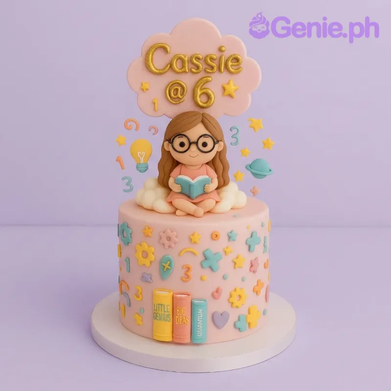A pink 1 Tier Fondant cake, Little Genius themed, with a girl reading a book, clouds, stars, and educational symbols. A pink 1 Tier Fondant cake, Little Genius themed, with a girl reading a book, clouds, stars, and educational symbols.