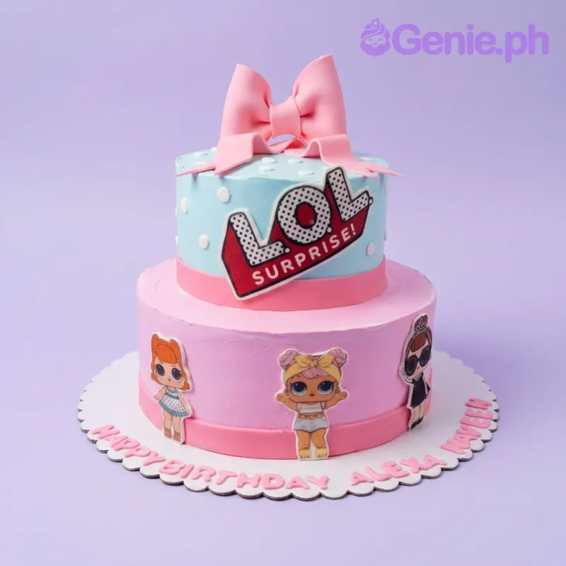 A blue and pink two-tier fondant cake themed around LOL Surprise, featuring a pink bow, character cutouts, and polka dots. A blue and pink two-tier fondant cake themed around LOL Surprise, featuring a pink bow, character cutouts, and polka dots.