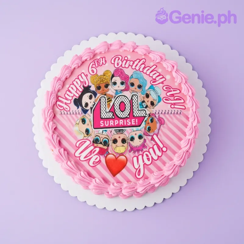 A pink 1 Tier cake themed around LOL Surprise, featuring LOL Surprise character printouts, pink icing rosettes, and colorful sprinkles. A pink 1 Tier cake themed around LOL Surprise, featuring LOL Surprise character printouts, pink icing rosettes, and colorful sprinkles.