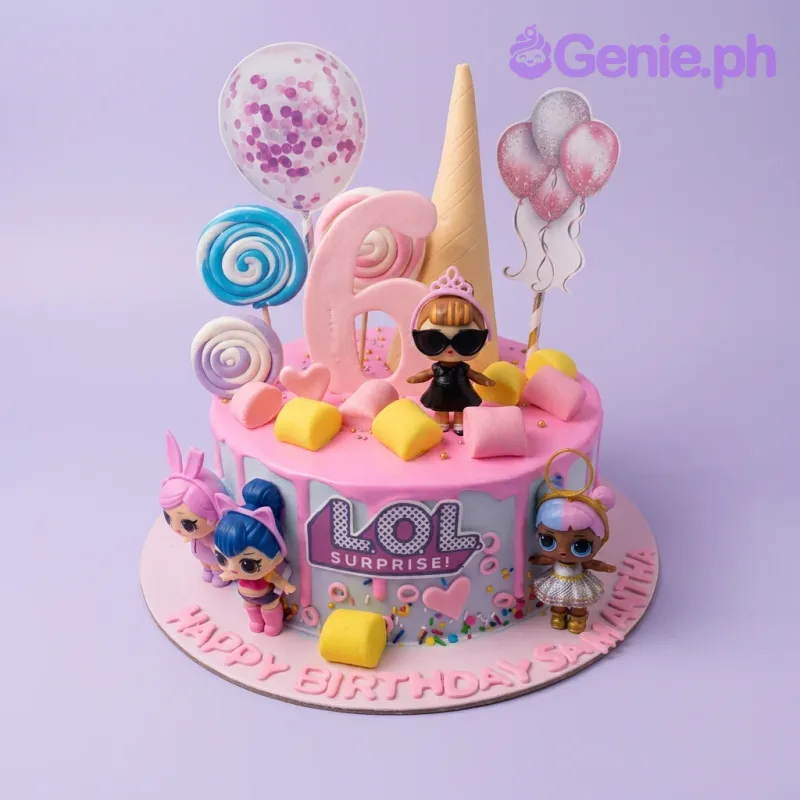 A pink, blue, and white 1-tier cake themed around LOL Surprise, featuring a pink number six, an LOL doll, and colorful marshmallows. A pink, blue, and white 1-tier cake themed around LOL Surprise, featuring a pink number six, an LOL doll, and colorful marshmallows.
