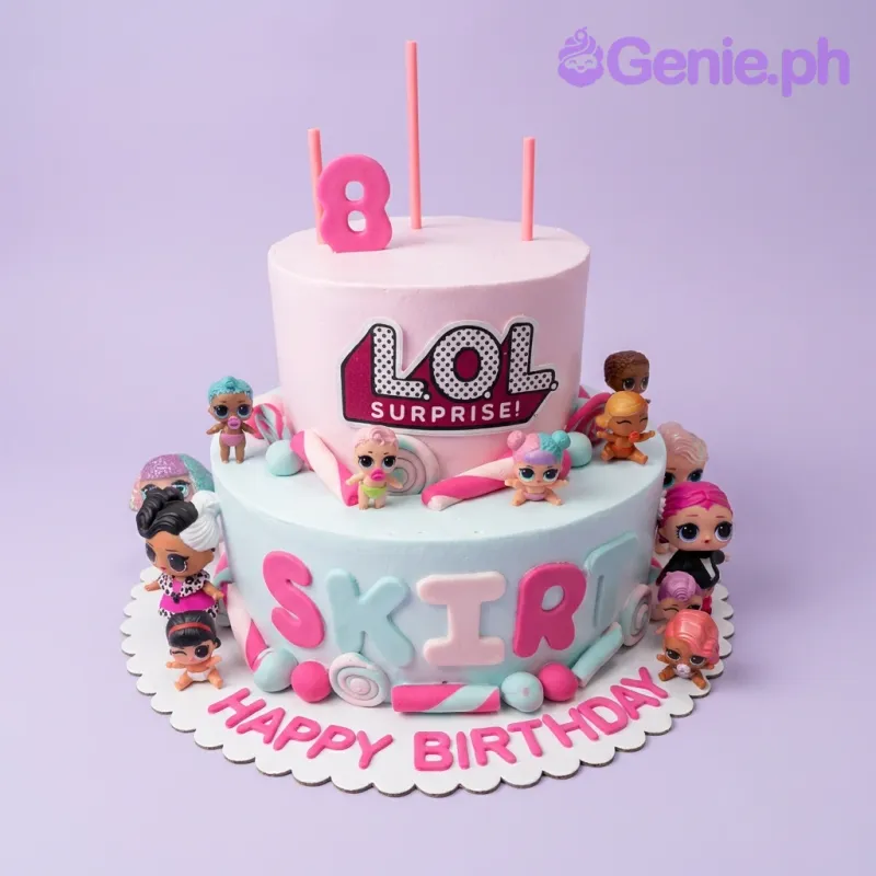 A pink, light blue, and white two-tier cake themed around LOL Surprise, featuring a logo, number 8, character dolls, fondant candy swirls, stripes, and pink decorative sticks. A pink, light blue, and white two-tier cake themed around LOL Surprise, featuring a logo, number 8, character dolls, fondant candy swirls, stripes, and pink decorative sticks.