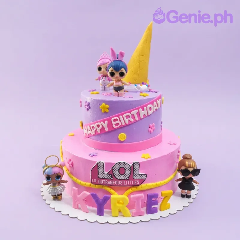 A pink and purple two-tier cake themed around LOL Surprise, featuring character figurines, a yellow ice cream cone topper, and fondant letters. A pink and purple two-tier cake themed around LOL Surprise, featuring character figurines, a yellow ice cream cone topper, and fondant letters.
