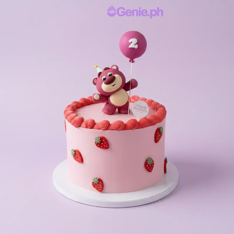Pink 1-tier birthday cake with Lotso bear figurine and balloon topper with number 2 Pink 1-tier birthday cake with Lotso bear figurine and balloon topper with number 2