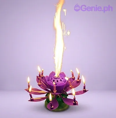 A purple lotus flower musical candle featuring multiple small lit candles on its petals and a large central flame. A purple lotus flower musical candle featuring multiple small lit candles on its petals and a large central flame.