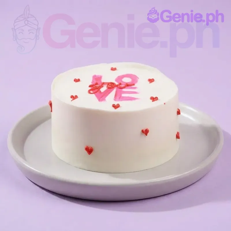 A white 1 Tier cake themed around love, featuring a pink palette knife 'LOVE' message, a red 'you' script, and small red icing hearts. A white 1 Tier cake themed around love, featuring a pink palette knife 'LOVE' message, a red 'you' script, and small red icing hearts.