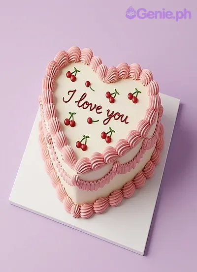 Love cherries colorful cake design — 1 layer soft icing cake in white — with icing cherries, and custom "I love you" message Love cherries colorful cake design — 1 layer soft icing cake in white — with icing cherries, and custom "I love you" message