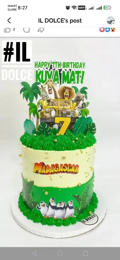 Cream and green 1-tier cake with soft icing, Madagascar theme, printed jeep character topper, and gold number topper Cream and green 1-tier cake with soft icing, Madagascar theme, printed jeep character topper, and gold number topper