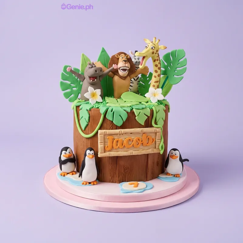 A green and brown 1 Tier Fondant Madagascar cake, featuring 3D animal figures, a number 7, and a wood-textured base. A green and brown 1 Tier Fondant Madagascar cake, featuring 3D animal figures, a number 7, and a wood-textured base.