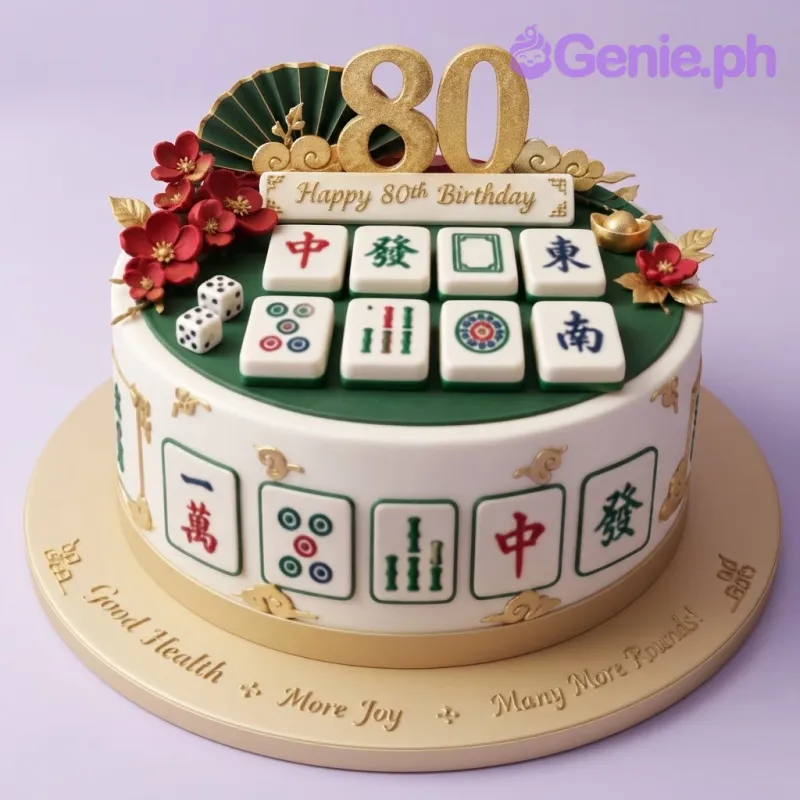 White and teal 1-tier fondant cake with a gold glitter number 80 topper and edible mahjong tiles White and teal 1-tier fondant cake with a gold glitter number 80 topper and edible mahjong tiles