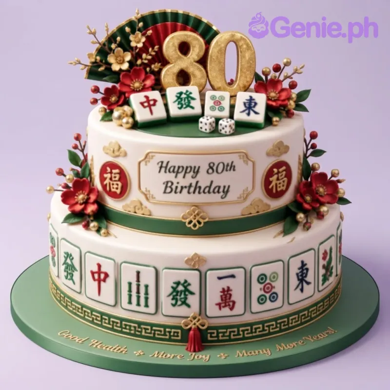 White 2-tier fondant birthday cake with a gold glitter number 80 topper, red peony flowers, and mahjong tile decorations White 2-tier fondant birthday cake with a gold glitter number 80 topper, red peony flowers, and mahjong tile decorations