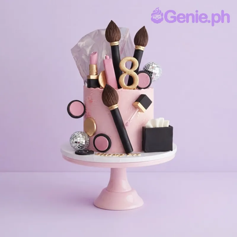 Pink 1 tier cake with smooth soft icing, makeup beauty theme, and black and gold makeup brushes with gold compact mirrors Pink 1 tier cake with smooth soft icing, makeup beauty theme, and black and gold makeup brushes with gold compact mirrors
