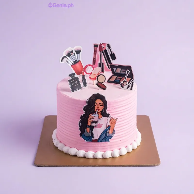 Pink bento cake with makeup printout toppers and a girl illustration Pink bento cake with makeup printout toppers and a girl illustration