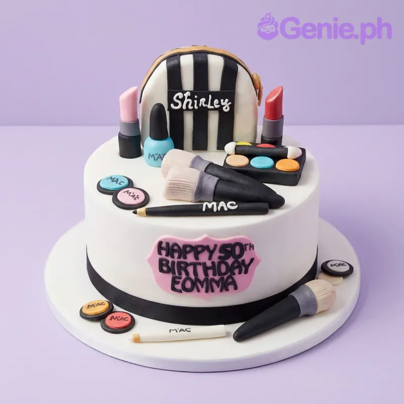 A white 1 Tier Fondant makeup cake, featuring lipstick, brushes, eyeshadow palette, and makeup bag toppers. A white 1 Tier Fondant makeup cake, featuring lipstick, brushes, eyeshadow palette, and makeup bag toppers.