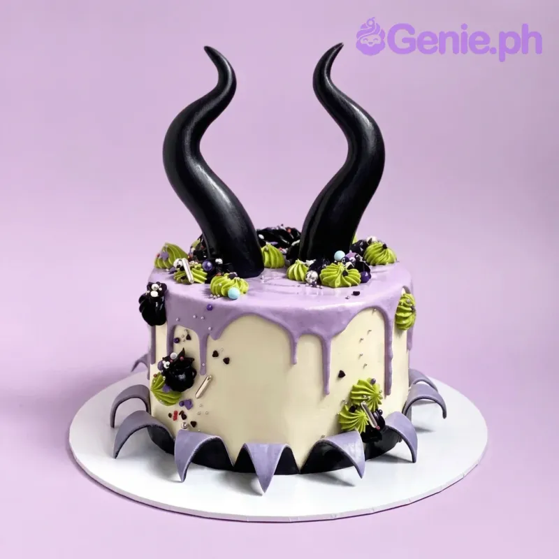 Maleficent themed cake with large black horns, purple drip icing, and green and black icing rosettes with silver sprinkles. Maleficent themed cake with large black horns, purple drip icing, and green and black icing rosettes with silver sprinkles.