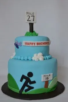 Light blue 2-tier fondant marathon cake with a runner silhouette, mile marker signs, and a happy birthday banner Light blue 2-tier fondant marathon cake with a runner silhouette, mile marker signs, and a happy birthday banner
