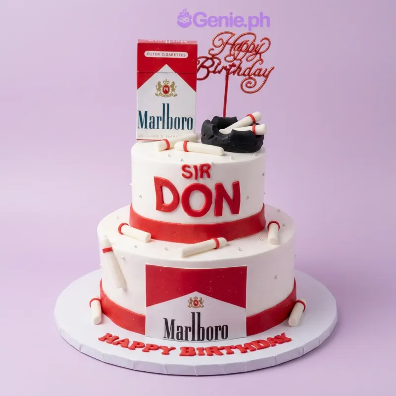 A white and red two-tier cake themed around Marlboro Cigarettes, featuring a Marlboro pack and ashtray. A white and red two-tier cake themed around Marlboro Cigarettes, featuring a Marlboro pack and ashtray.