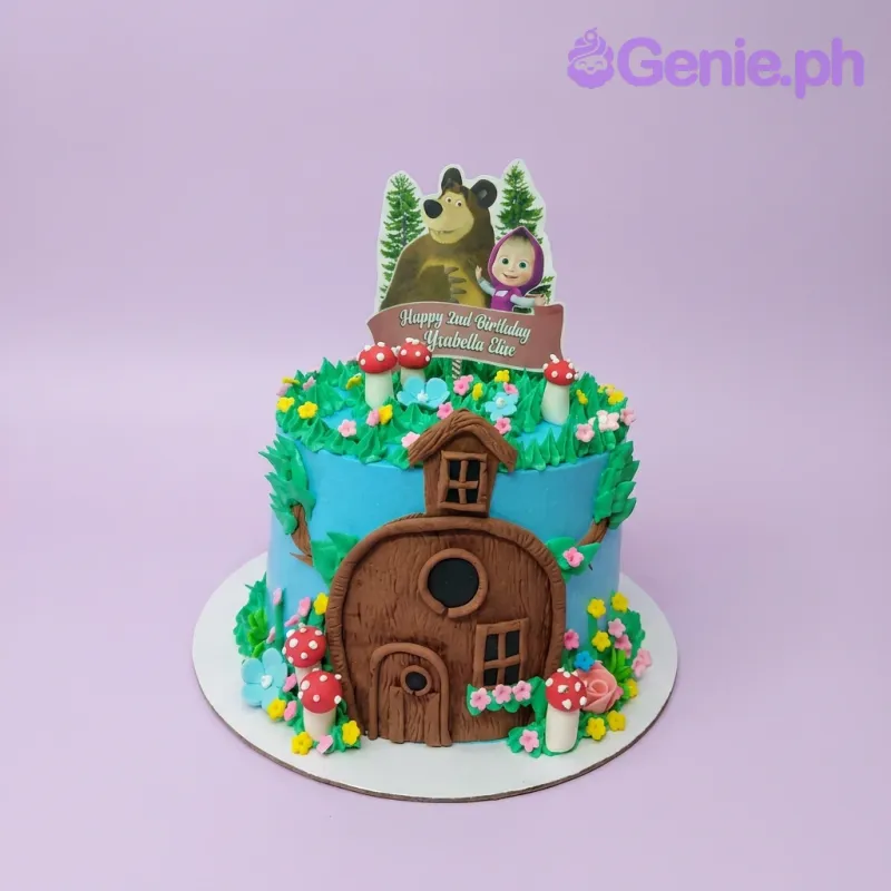 A light blue 1-tier cake themed Masha And The Bear, featuring a Masha and Bear printout, brown house, mushrooms, and flowers. A light blue 1-tier cake themed Masha And The Bear, featuring a Masha and Bear printout, brown house, mushrooms, and flowers.