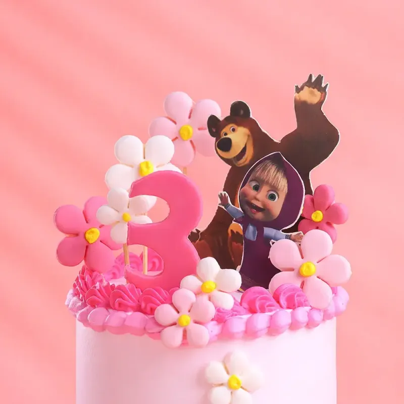 Light pink 1-tier cake with soft icing, a Masha and the Bear printout, a pink number three topper, and assorted sugar flowers. Light pink 1-tier cake with soft icing, a Masha and the Bear printout, a pink number three topper, and assorted sugar flowers.