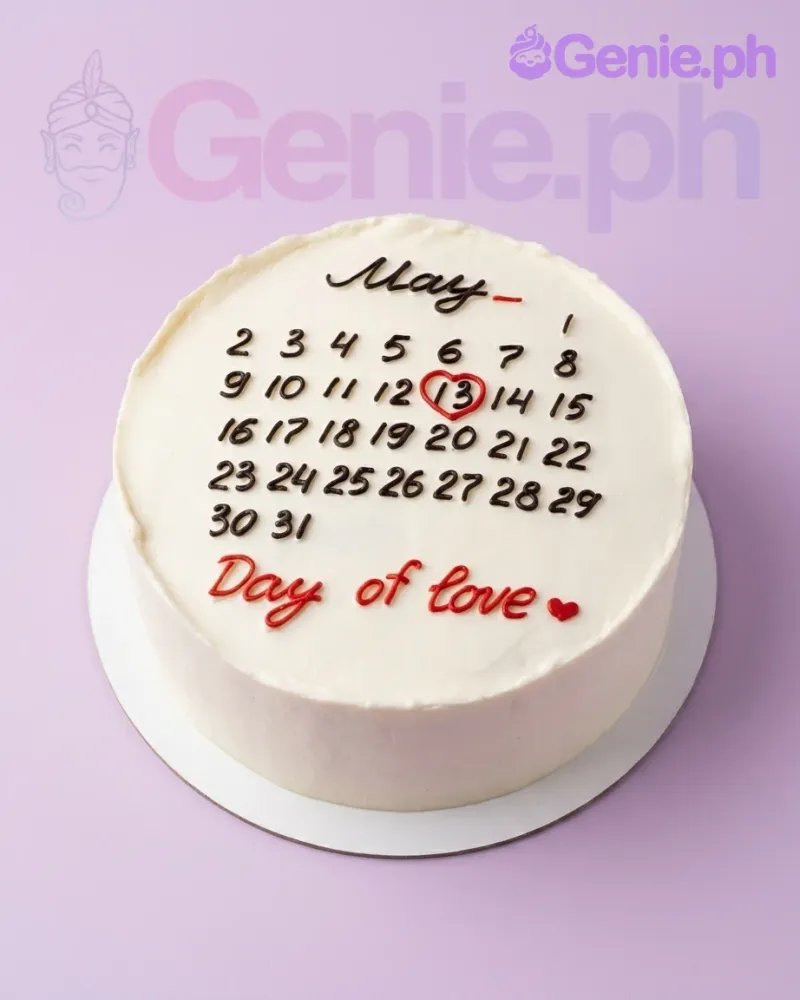 A white, black, and red 1-tier cake themed as a May calendar, with piped numbers, a red heart on May 13th, and 'Day of Love' text. A white, black, and red 1-tier cake themed as a May calendar, with piped numbers, a red heart on May 13th, and 'Day of Love' text.