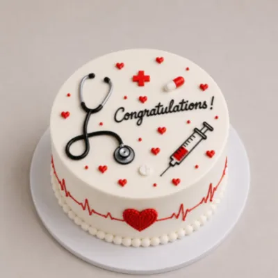 White 1-tier cake with soft icing finish, Medical Graduation Cake theme, stethoscope topper, and red hearts White 1-tier cake with soft icing finish, Medical Graduation Cake theme, stethoscope topper, and red hearts