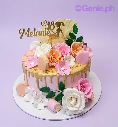 Melanie 18 floral 1 Tier - pink, white theme with Name and age with silhouette and Pink and peach floral arrangement on top Melanie 18 floral 1 Tier - pink, white theme with Name and age with silhouette and Pink and peach floral arrangement on top