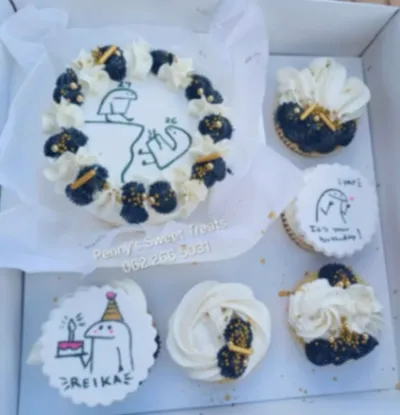 White bento and cupcakes with black and white character printouts, piped rosettes, and gold sprinkles White bento and cupcakes with black and white character printouts, piped rosettes, and gold sprinkles