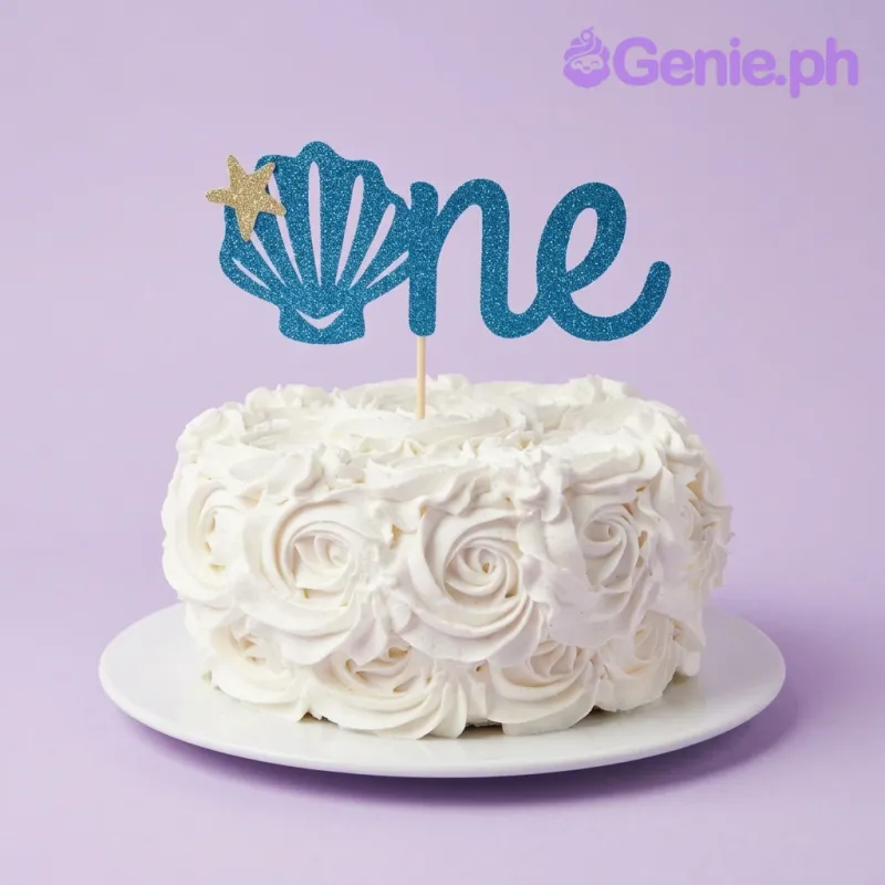 A white 1-tier cake, Mermaid First Birthday themed, featuring a blue glitter seashell and 'one' topper, with white rosette icing. A white 1-tier cake, Mermaid First Birthday themed, featuring a blue glitter seashell and 'one' topper, with white rosette icing.