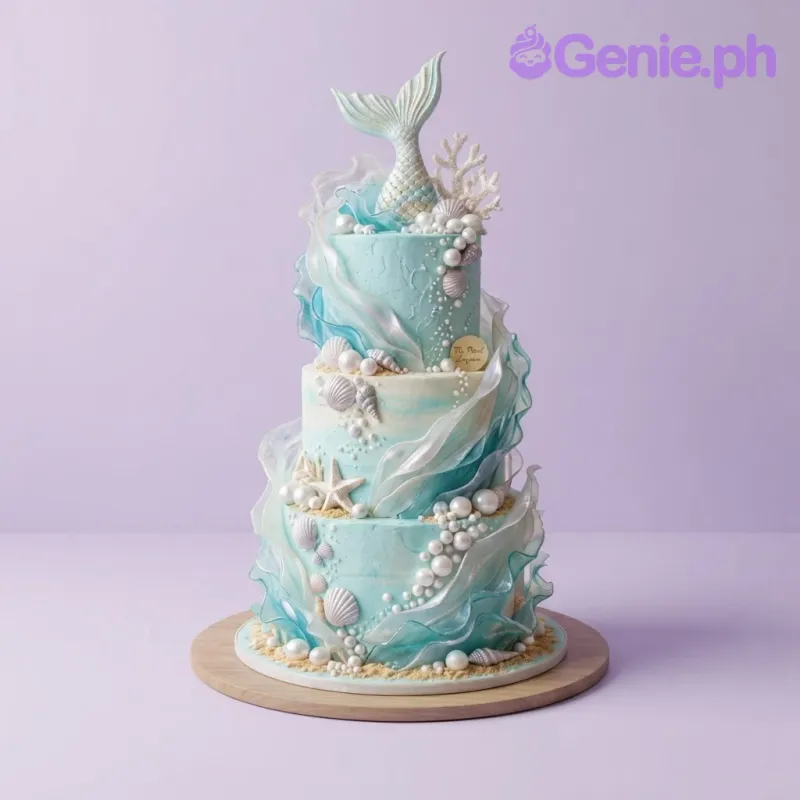 Light blue 3-tier cake with a mermaid tail topper, translucent sugar ruffles, seashells, and pearl accents Light blue 3-tier cake with a mermaid tail topper, translucent sugar ruffles, seashells, and pearl accents