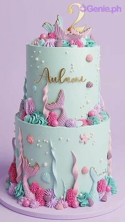A light blue two-tier Mermaid themed cake with a gold number two topper, pink and teal mermaid tails, and icing swirls. A light blue two-tier Mermaid themed cake with a gold number two topper, pink and teal mermaid tails, and icing swirls.