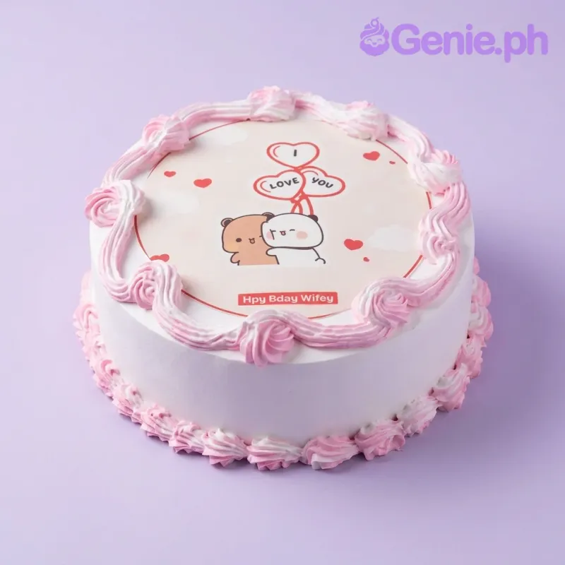 A white 1-tier round Milk Mocha Bear cake with a printout of Milk and Mocha bears, heart balloons, pink and white icing borders. A white 1-tier round Milk Mocha Bear cake with a printout of Milk and Mocha bears, heart balloons, pink and white icing borders.